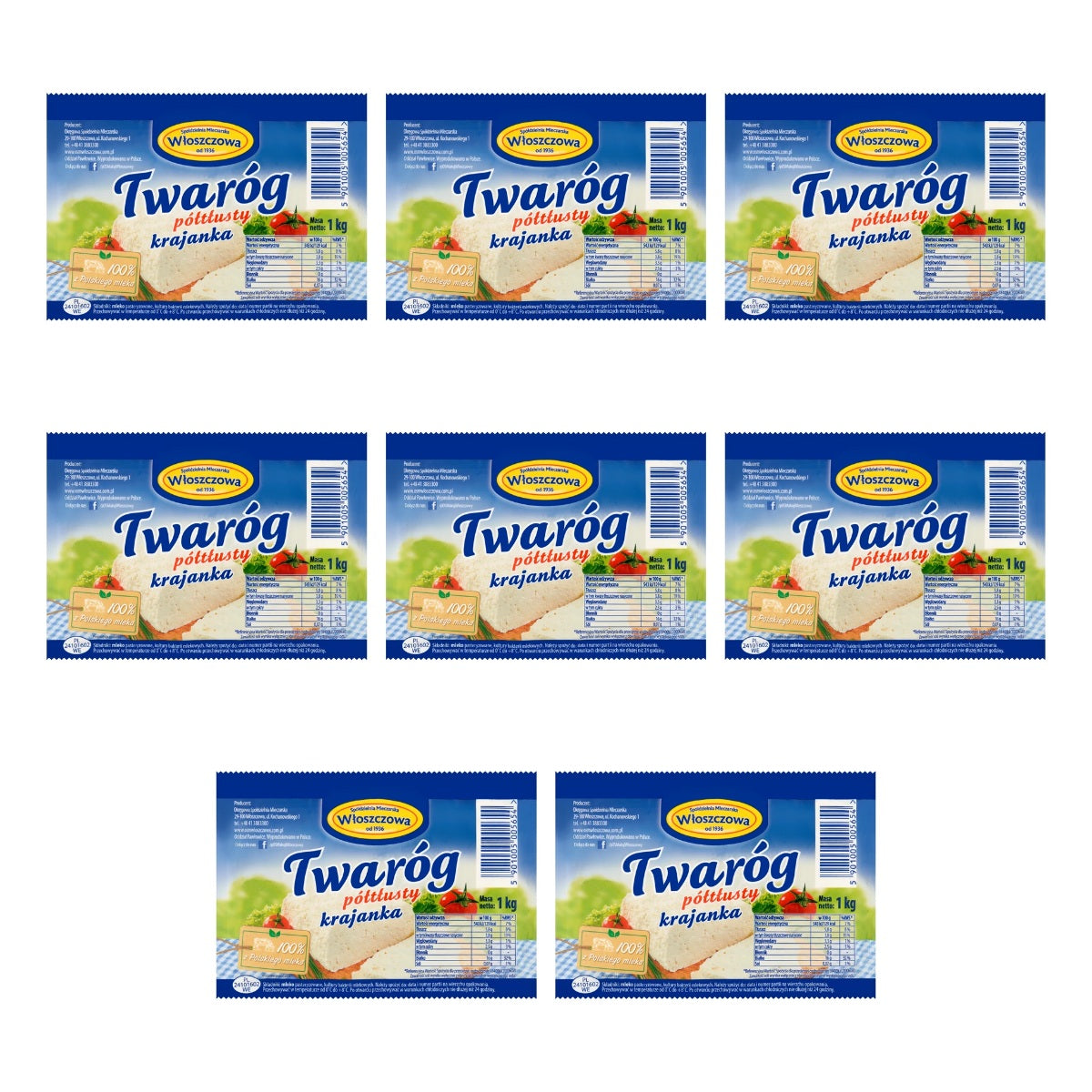 WŁOSZCZOWA - TWARÓG  PÓŁTŁUSTY KRAJANKA 1KG