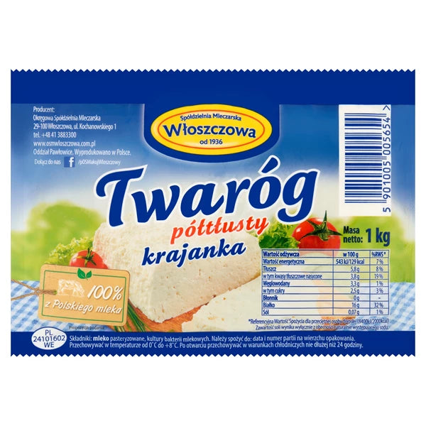 WŁOSZCZOWA - TWARÓG  PÓŁTŁUSTY KRAJANKA 1KG
